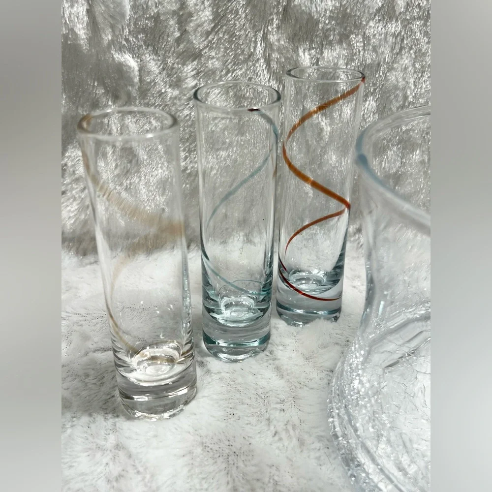 Clear Glass Crackle Bottom Ice Bucket & Set of 6 Swirl Colored Shot Glasses
